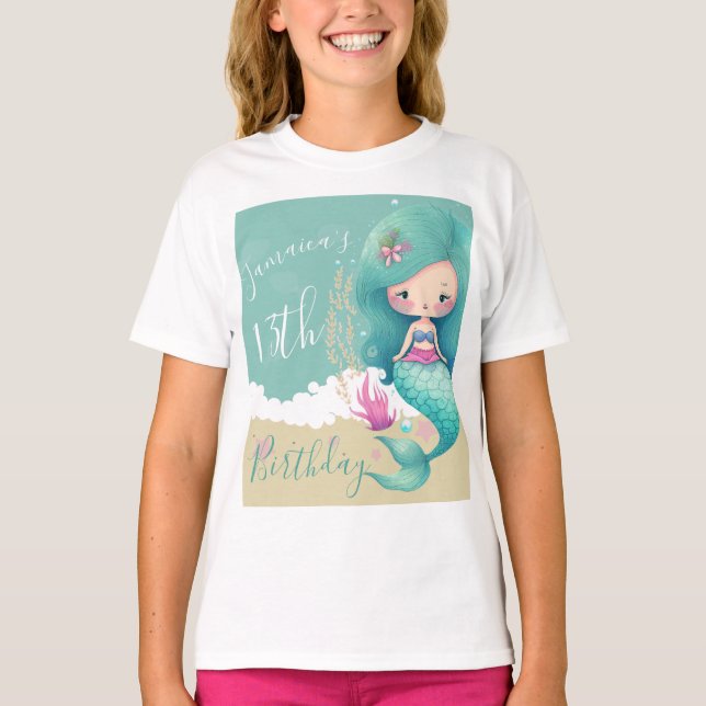 Watercolor Mermaid Ocean Birthday Party T-Shirt (Front)