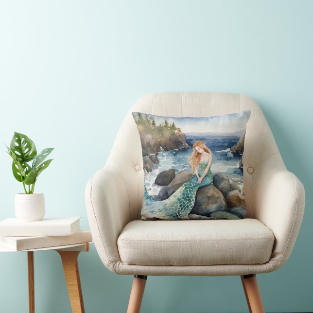 Watercolor Mermaid On Ocean Rocks Cushion (Chair)