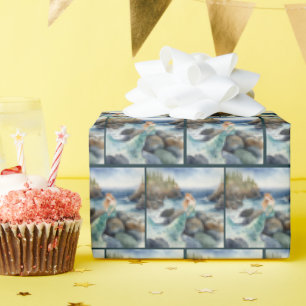 Watercolor Mermaid On Rocks Wrapping Paper