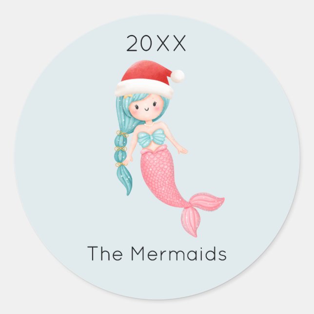 Watercolor Mermaid Santa Christmas Classic Round Sticker (Front)