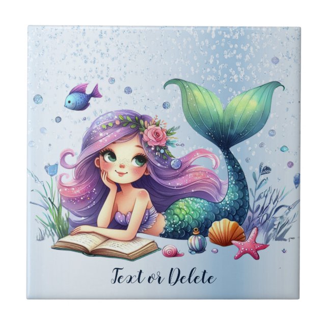 Watercolor Mermaid Sea Life Cute Beautiful Tile (Front)