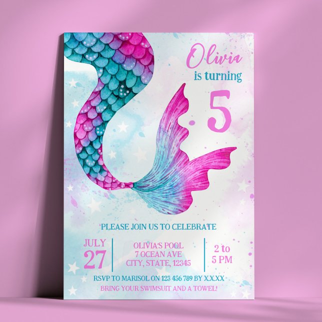 Watercolor Mermaid Tail Girl's Birthday Party Invitation (Watercolor Mermaid Tail Girl's Birthday Party Invitation)