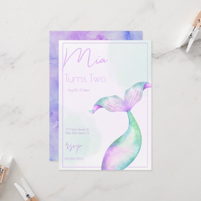 Watercolor Mermaid Tail Mermaid Sea Girls Birthday Invitation (Front/Back In Situ)