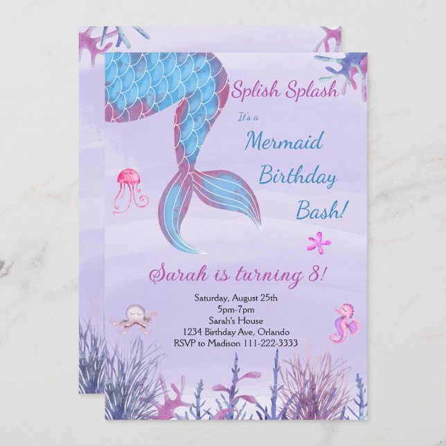 Watercolor Mermaid Tail Purple Birthday Invitation (Front/Back)