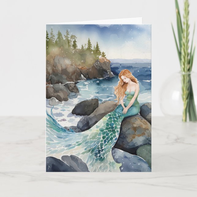 Watercolor Mermaid Thinking Of You Card (Front)