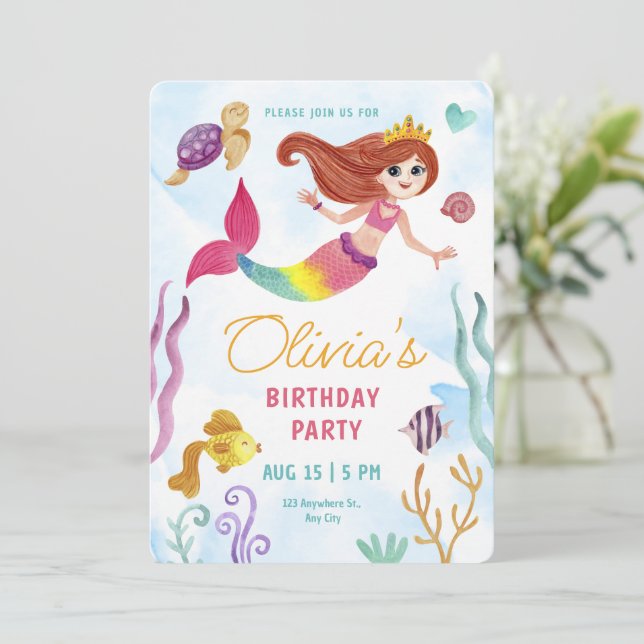 Watercolor Mermaid Under The Sea Birthday Party Invitation (Standing Front)
