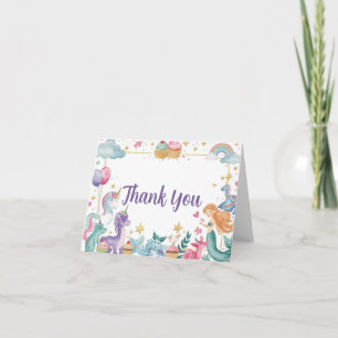 Watercolor Mermaid Unicorn Rainbow Birthday Folded Thank You Card