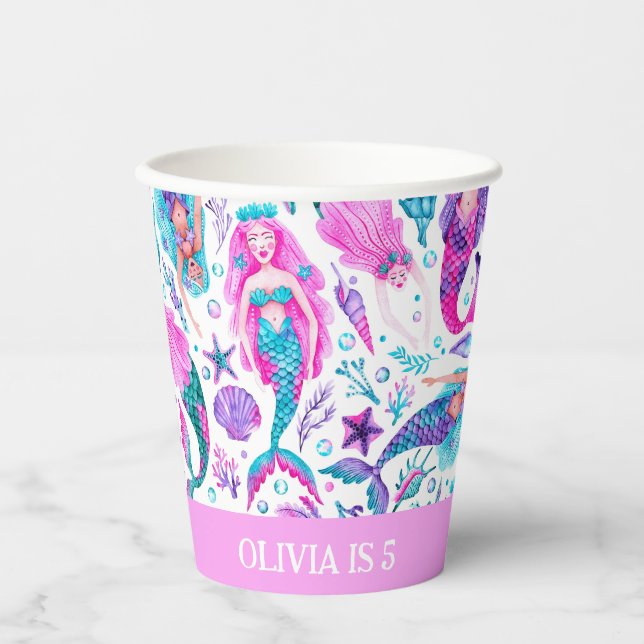 Watercolor Mermaids Sea Shells + Starfish Birthday Paper Cups (Front)