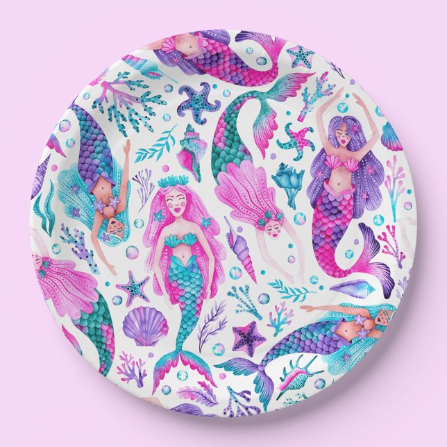 Watercolor Mermaids Sea Shells + Starfish Birthday Paper Plate (Watercolor Mermaids Sea Shells + Starfish Birthday Paper Plates)