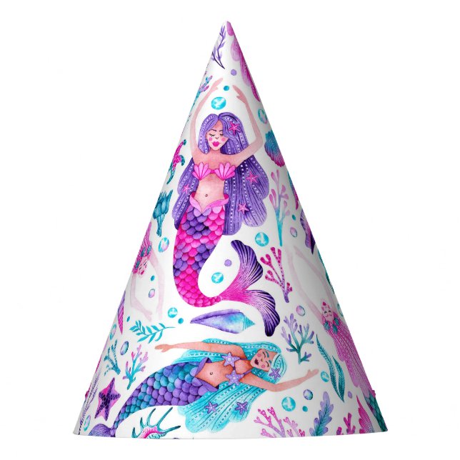 Watercolor Mermaids Sea Shells + Starfish Birthday Party Hat (Front)