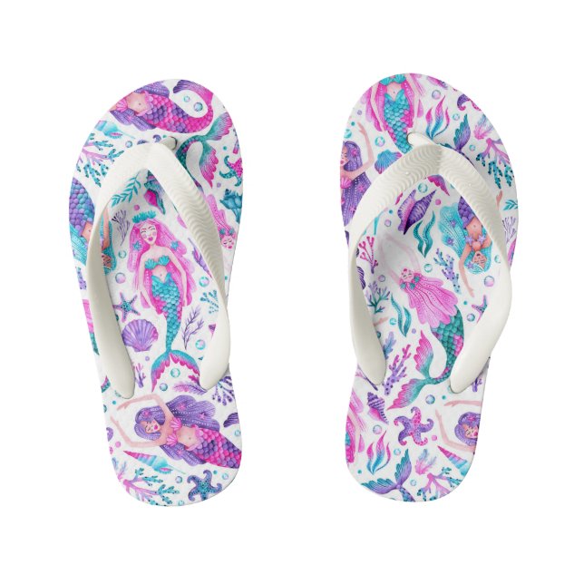 Watercolor Mermaids Sea Shells + Starfish  Kid's Jandals (Footbed)