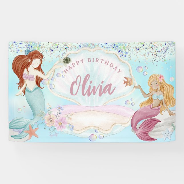 Watercolor Mermaids Under the Sea Glitter Birthday Banner (Horizontal)