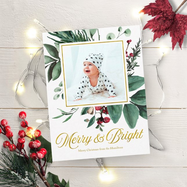 Watercolor Merry And Bright Christmas Photo Postcard (Creator Uploaded)