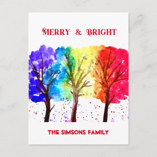 Watercolor Merry and Bright Christmas Tree  Holiday Postcard (Front)