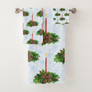 Watercolor Merry Christmas Candle Bath Towel Set