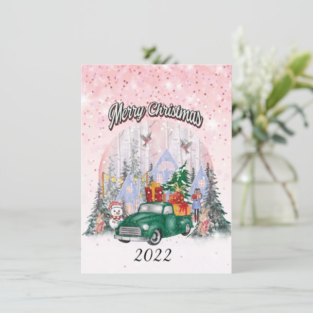 Watercolor Merry Christmas, Car Of Gifts Holiday Card (Standing Front)
