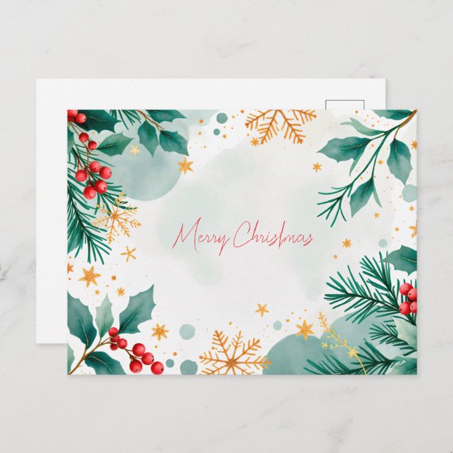 Watercolor Merry Christmas Card Leaves & Berries  (Front/Back)