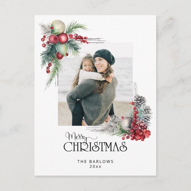 Watercolor Merry Christmas Christmas Floral Photo Holiday Postcard (Front)