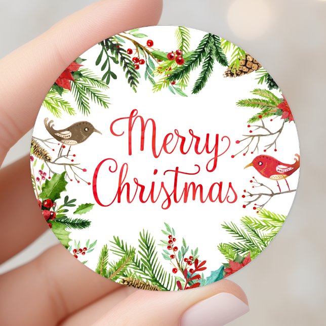 Watercolor Merry Christmas Classic Round Sticker (Creator Uploaded)
