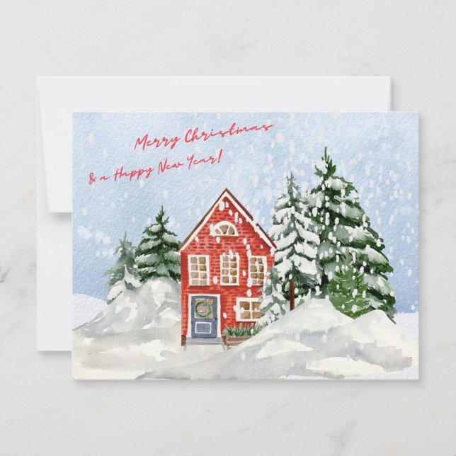 Watercolor Merry Christmas Cosy House under Snow Holiday Card (Front)