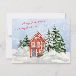 Watercolor Merry Christmas Cosy House under Snow Holiday Card