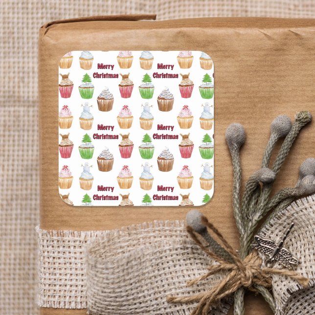 Watercolor Merry Christmas Cupcake Pattern Square Sticker (Creator Uploaded)
