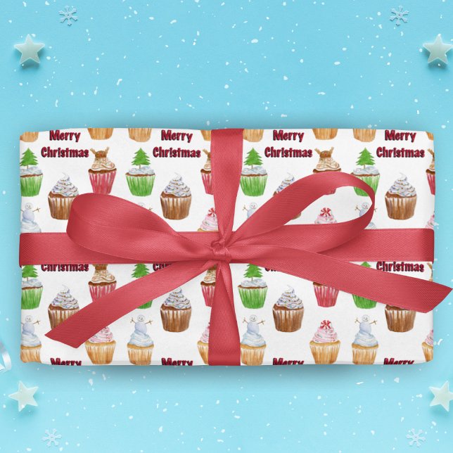 Watercolor Merry Christmas Cupcakes Wrapping Paper (Share sweet moments with Watercolor Merry Christmas Cupcakes Wrapping Paper for joyous gifting.)