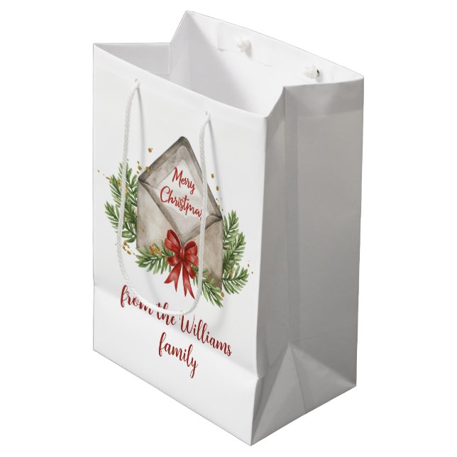 Watercolor Merry Christmas Envelope Medium Gift Bag (Front Angled)