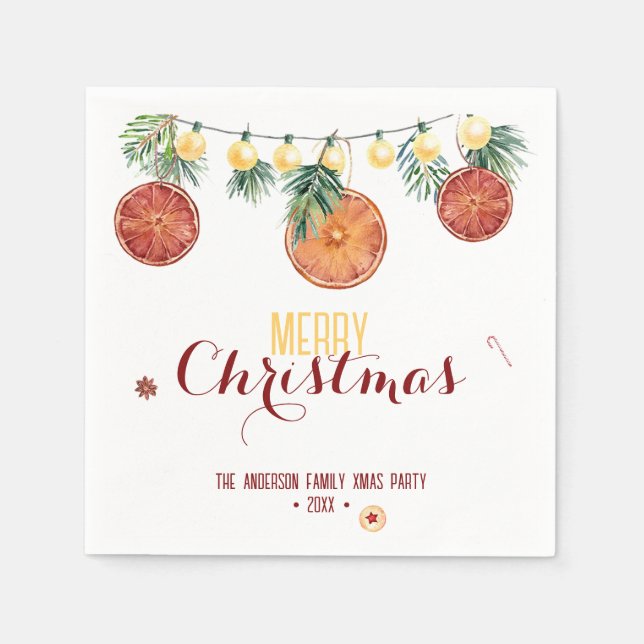 Watercolor Merry Christmas Festive Lights & Pine Napkin (Front)