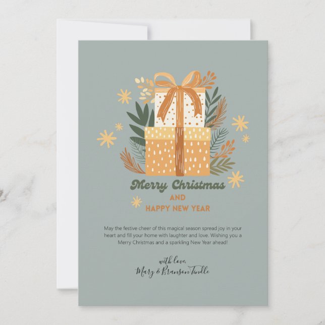 Watercolor "Merry Christmas" Gifts & Greenery Holiday Card (Front)