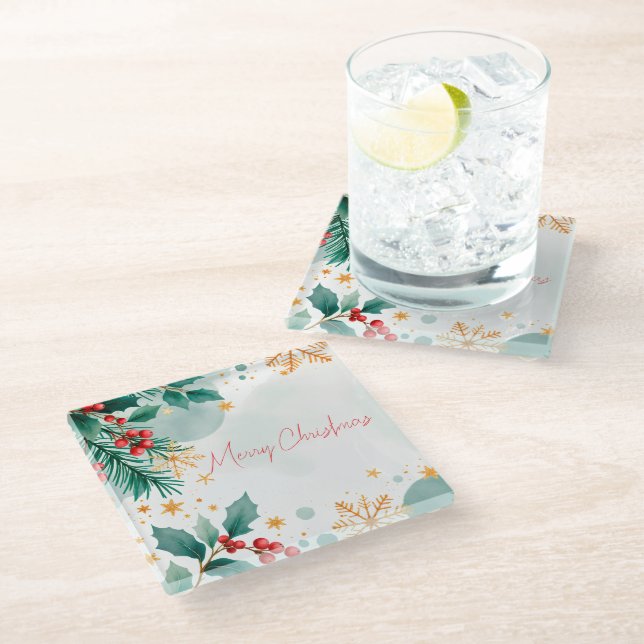 Watercolor Merry Christmas Glass Coaster – Elegant (Angled)