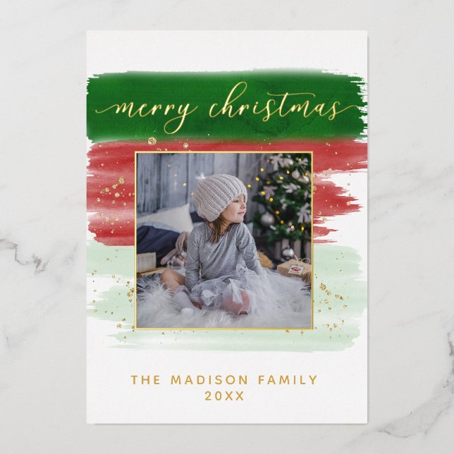 Watercolor Merry Christmas Gold Foil Photo Card (Front)