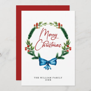 Watercolor Merry Christmas Greenery Wreath Holiday Card