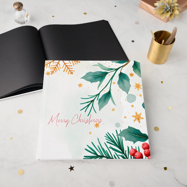 Watercolor Merry Christmas Guest Book – Holiday  (Front Open)