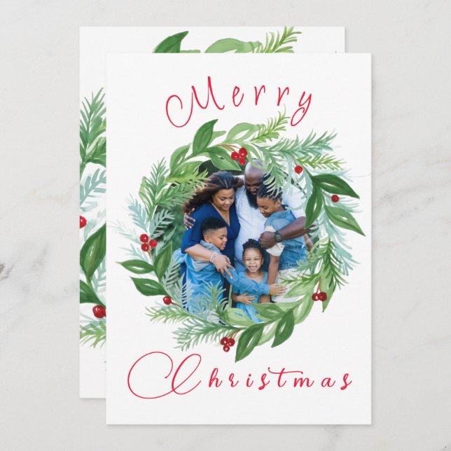 Watercolor Merry Christmas Holiday Wreath PHOTO (Front/Back)