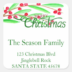 watercolor merry christmas holly address square sticker