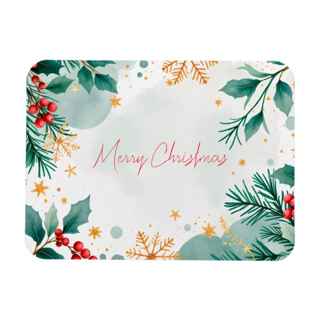 Watercolor Merry Christmas Magnet with Leaves  (Horizontal)