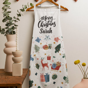 Watercolor Merry Christmas Pattern   Cooking Apron