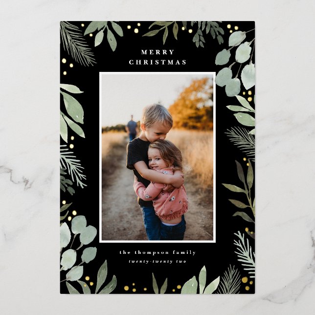 Watercolor Merry Christmas Photo Card Real Foil (Front)