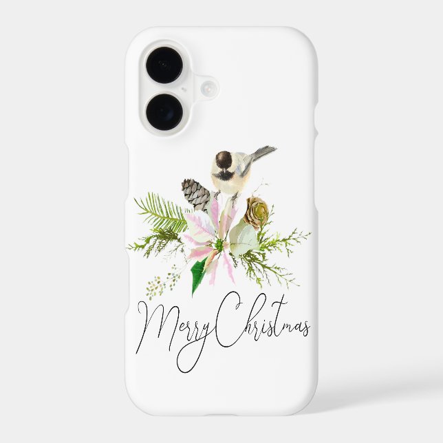 Watercolor Merry Christmas Pointsettia Chickadee  iPhone Case (Back)