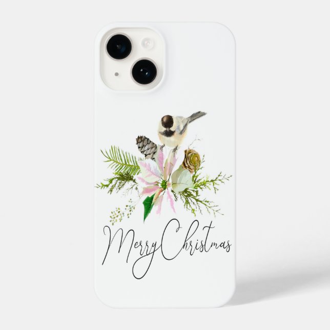 Watercolor Merry Christmas Pointsettia Chickadee  iPhone Case (Back)