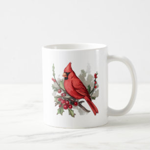 Watercolor Merry Christmas Red Cardinal & Berries Coffee Mug