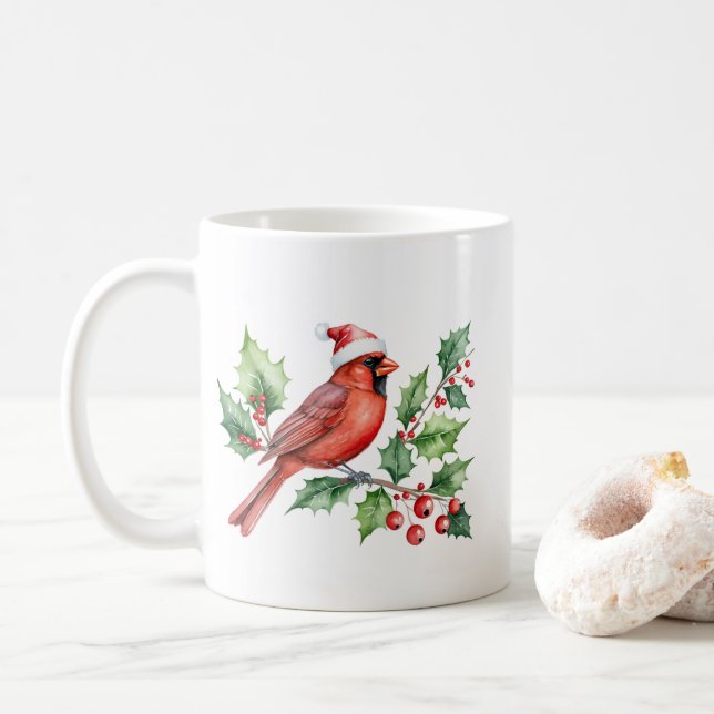 Watercolor Merry Christmas Red Cardinal & Berries Coffee Mug (With Donut)