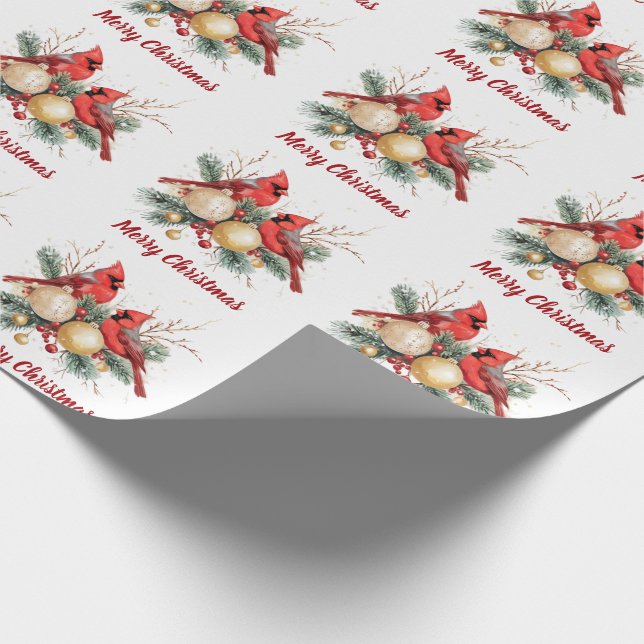 Watercolor Merry Christmas Red Cardinal & Berries  Wrapping Paper (Corner)