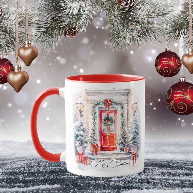Watercolor Merry Christmas Red Door Elegant Mug (Creator Uploaded)