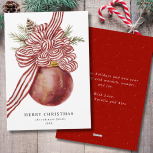 Watercolor Merry Christmas Red White Bow Holiday Card
