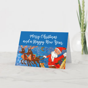 Watercolor Merry Christmas Santa Reindeer Holiday Card