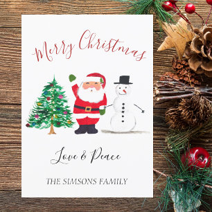 Watercolor Merry Christmas Santa Snowman  Holiday Card