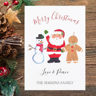 Watercolor Merry Christmas Santa Snowman  Holiday Card
