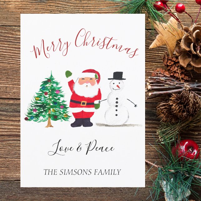 Watercolor Merry Christmas Santa Snowman  Holiday Card (Creator Uploaded)